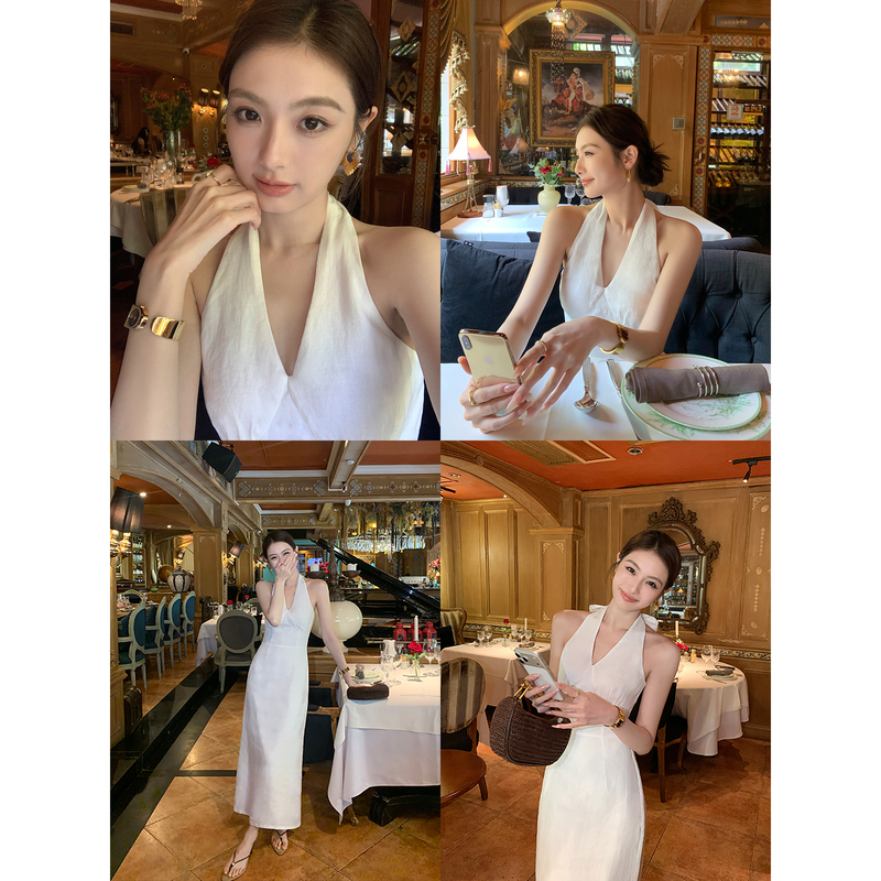 Maven Lin Pure White Holiday French Halter Neck V-Neck Sleeveless Dress Women's 100% Linen Slim-Fit Tank Dress