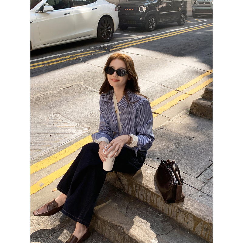 Maven Lin High Intelligence M1U Style Dark Blue Plaid Long-Sleeved Shirt for Women, White-Collar Commuter Lapel Plaid Shirt Maven Lin High Intelligence M1U Style Dark Blue Plaid Long-Sleeved Shirt for Women, White-Collar Commuter Lapel Plaid Shirt