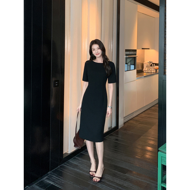 Maven Lin City Holiday Black Acetate Short-Sleeve Dress Women's High-End Waist-Cinching Mid-Length Dress