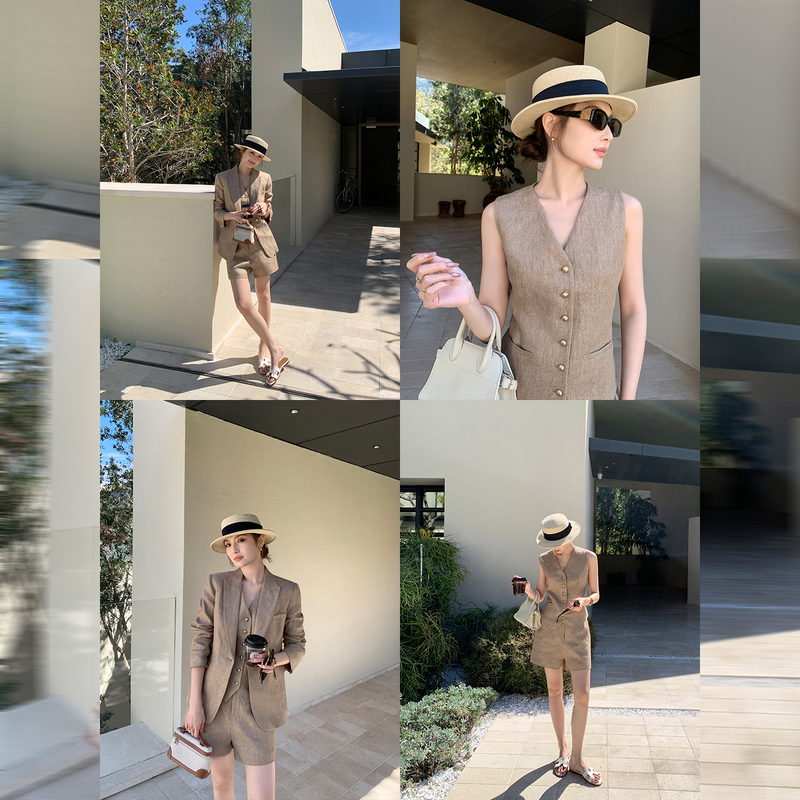 Maven Lin Gold-Plated Newcomer Gold Thread Linen Blazer Women's V-Neck Vest/Casual Shorts Set Maven Lin Gold-Plated Newcomer Gold Thread Linen Blazer Women's V-Neck Vest/Casual Shorts Set