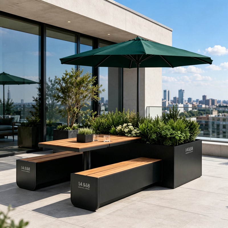 Outdoor Restaurant Flower Box with Umbrella, Table and Chair Set, Park, Community, Commercial Street Outdoor Plastic-Wood Dining Table and Chair Set Outdoor Restaurant Flower Box with Umbrella, Table and Chair Set, Park, Community, Commercial Street Outdoor Plastic-Wood Dining Table and Chair Set