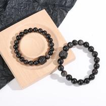 Natural obsidian bracelet silver obsidian lion awakening couple bracelet new Chinese style jewelry 2023 new style for girlfriend