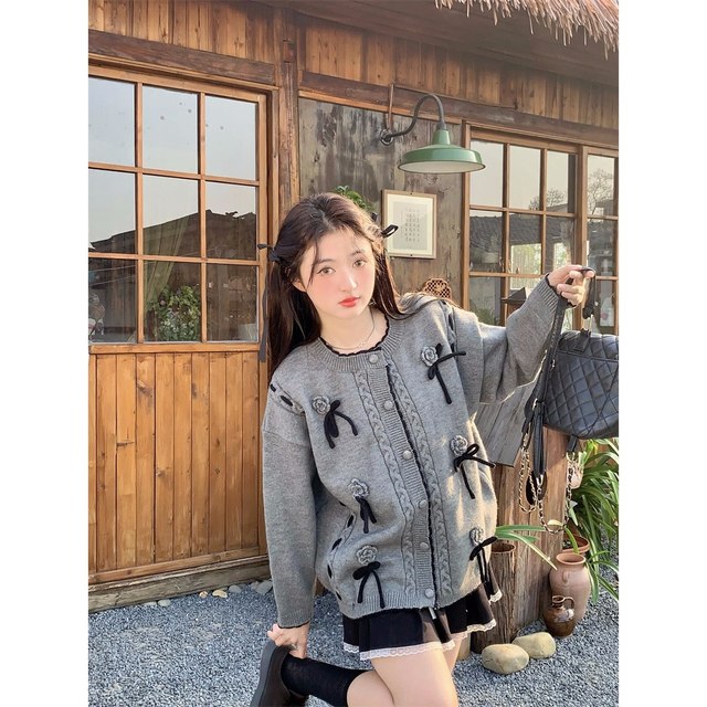 Fan Wenwen Gray Tone Praise Gray Bow Twist Knitted Cardigan Women's Winter Sweet Round Neck Sweater Jacket