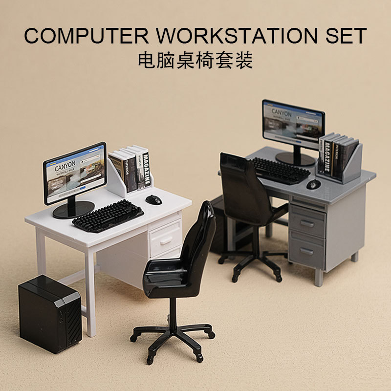 Miniature Computer Desk and Chair, Office Desk, Miniature Scene, Desktop Decoration, Pretend Play Dollhouse Model