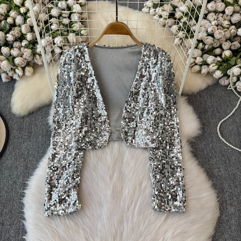 Girls' High-Quality Spring and Autumn New Style Shiny Sequin Jacket Korean Style Fashionable Slim Fit Versatile Long-Sleeved Jacket Short Cardigan