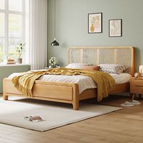 Rattan solid wood retro wooden bed double 1 8 Nordic double bed modern simple log homestay 1 5