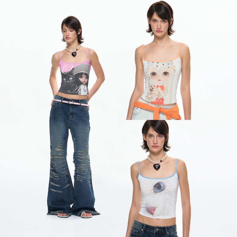 10Am* Original Cat Girl Print Tank Top Sweet Camisole Women's Design Slimming Sleeveless Short Top