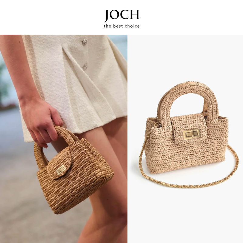 Joch Spring and Summer Small Chanel-Style Mini Straw Bag, Purely Hand-Woven Summer Vacation Bag