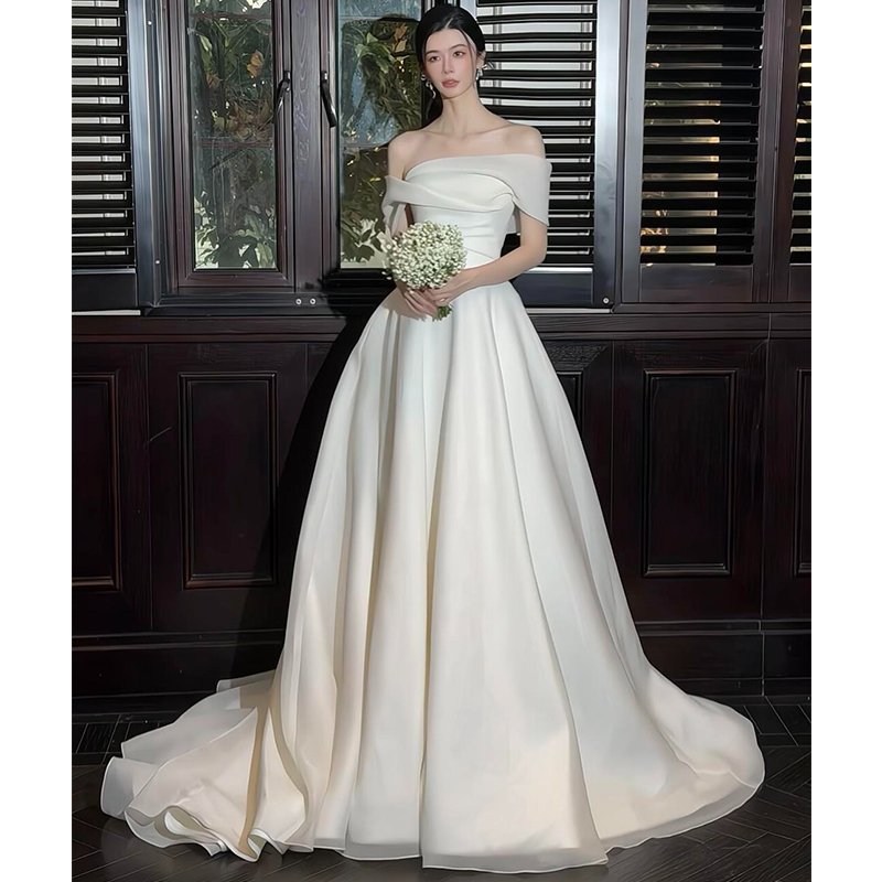Satin Main Wedding Dress 2026 New Engagement Dress Petite Off-Shoulder Morning Gown Female Bride Simple Light Wedding Dress
