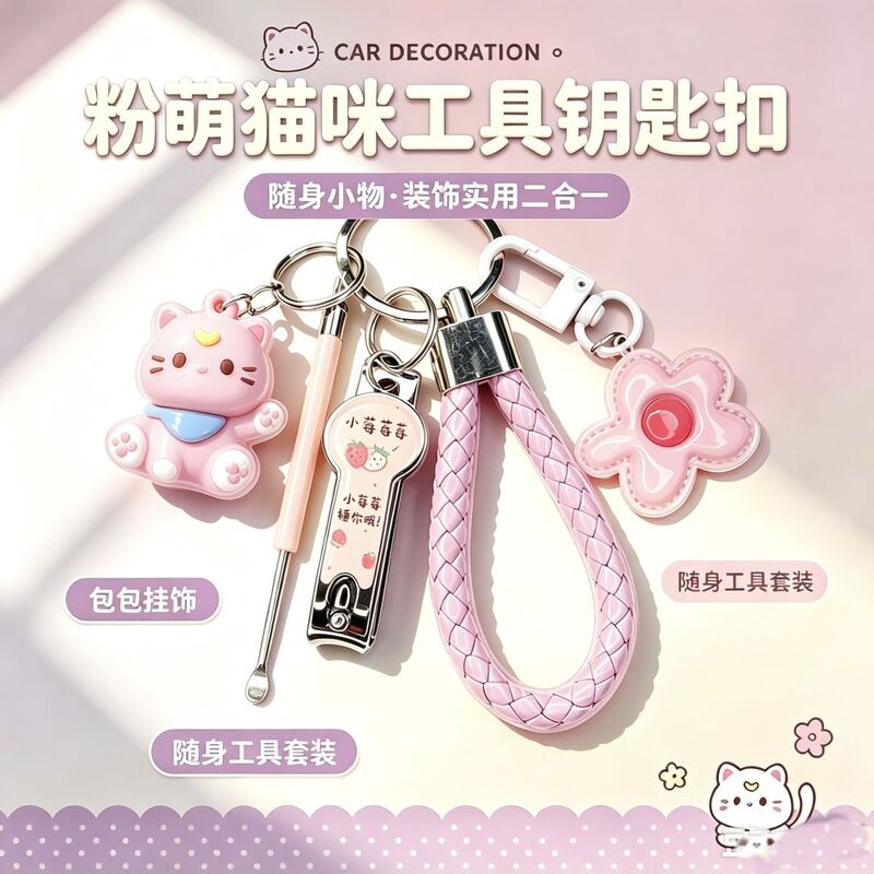 Nubabi Cute Girl Keychain Cartoon Set Ear Pick Nail Clipper Best Friend Couple Accessories Keychain