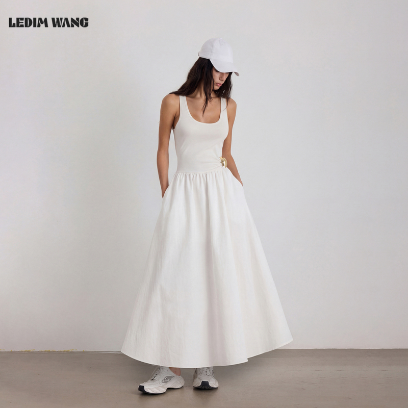 [Celebrity Style] Ledim Wang Patchwork Sleeveless Vest Dress for Women, White Long Dress, 26 Summer New Style