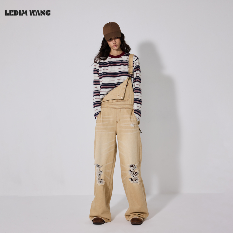 Ledim Wang American-Style Ripped Jeans for Women, Distressed Khaki Overalls with Metal Buckles, Wide-Leg Pants, New Autumn Style Ledim Wang American-Style Ripped Jeans for Women, Distressed Khaki Overalls with Metal Buckles, Wide-Leg Pants, New Autumn Style