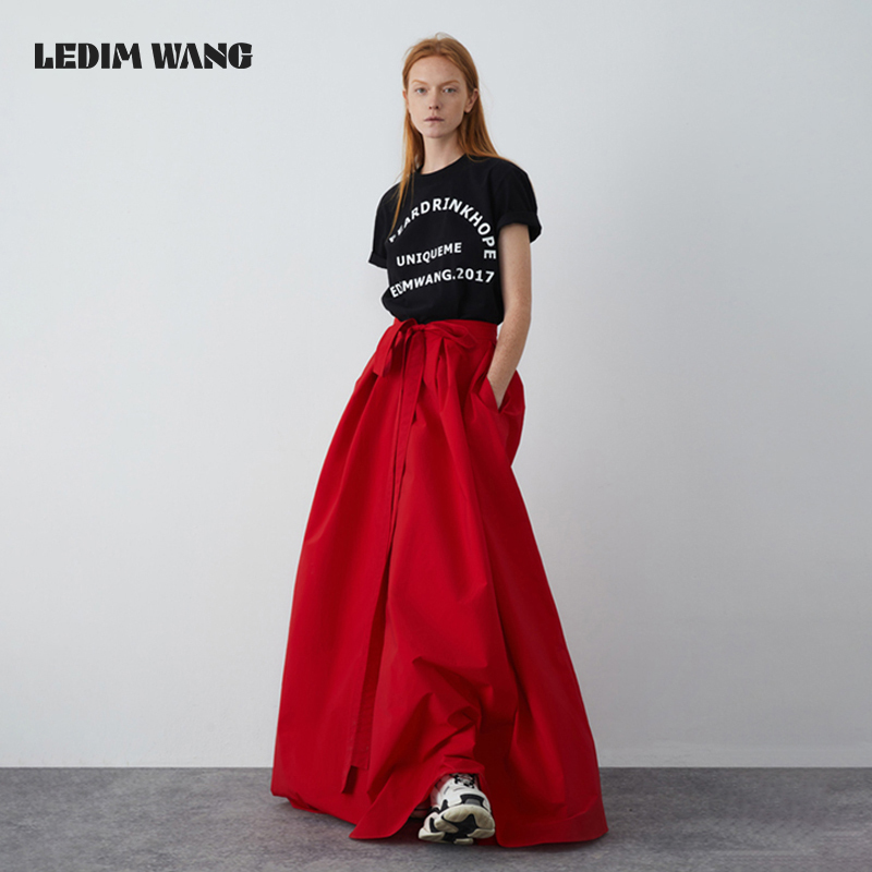 [Celebrity Style] Ledim Wang Red Ribbon Skirt for Women, Unique and Chic Atmosphere, Flared Long Skirt