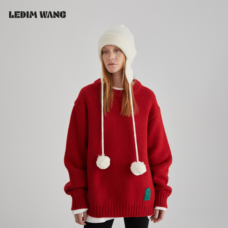 [Celebrity Style] Ledim Wang Red Knitted Sweater for Women New Year's Outfit Comfortable Winter New Style Lazy Chic