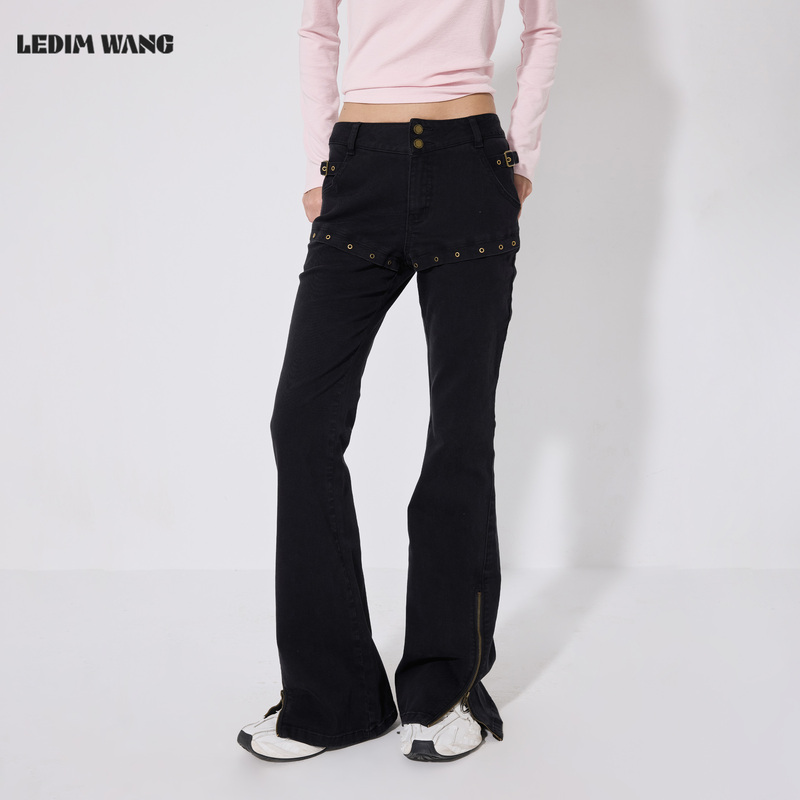 Ledim Wang Retro Washed Jeans for Women, Black Heavy Metal Style Slim Fit Flared Pants, 2026 Autumn New Style Ledim Wang Retro Washed Jeans for Women, Black Heavy Metal Style Slim Fit Flared Pants, 2026 Autumn New Style