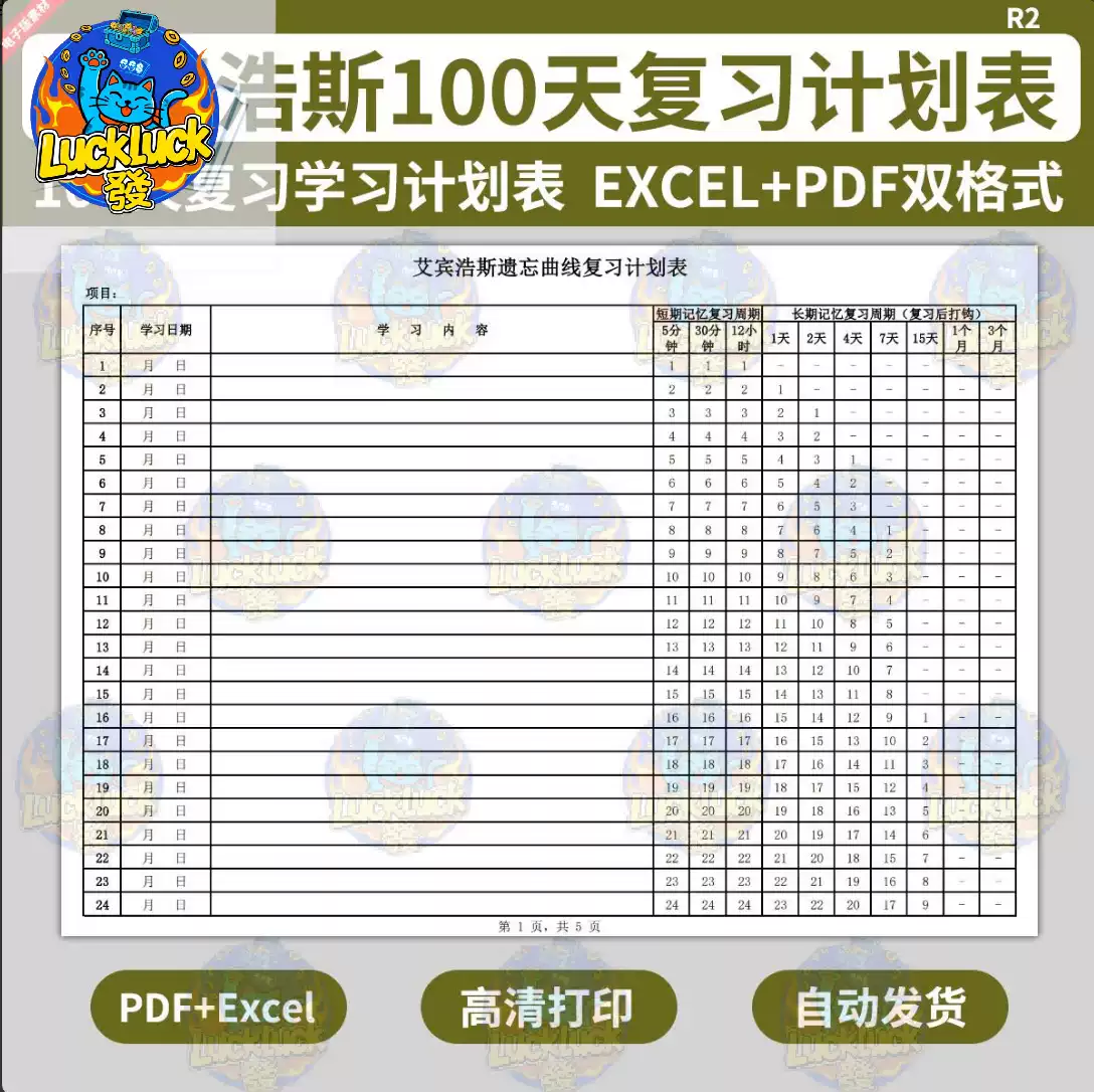 艾宾浩斯100天复习学习遗忘曲线计划表模板英语考研记忆