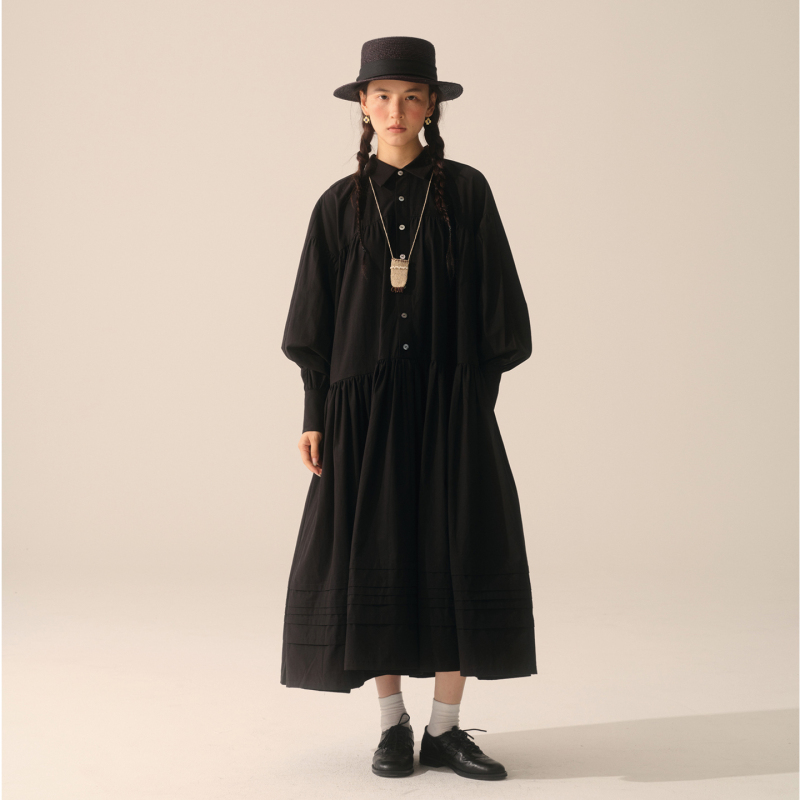 Jevotique Japanese-French Style Shirt Collar Ruched Vintage Robe Heavy-Duty Long-Sleeve Dress with a Large Hem