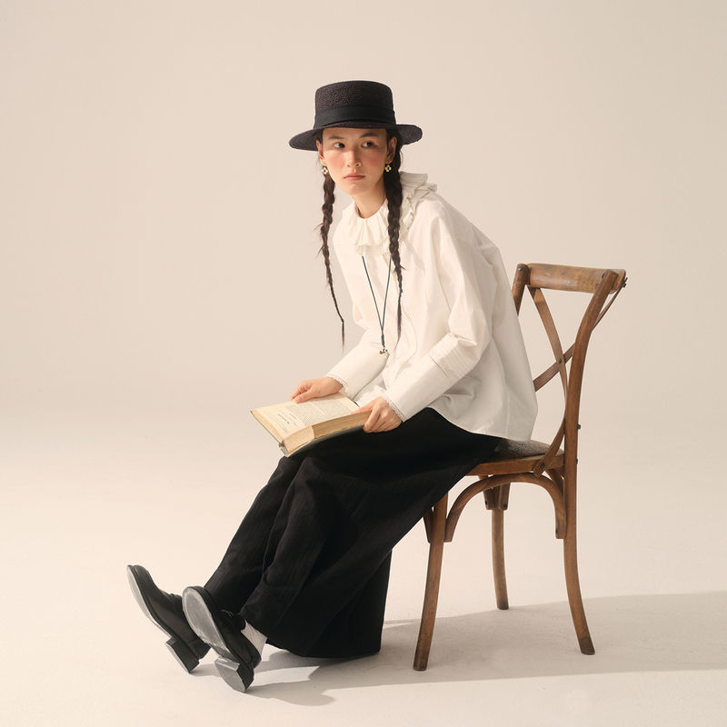 Jevotique Japanese-Style Ruffled Lace Heavy-Duty Patchwork Shirt Linen Cotton Loose Long-Sleeve Top