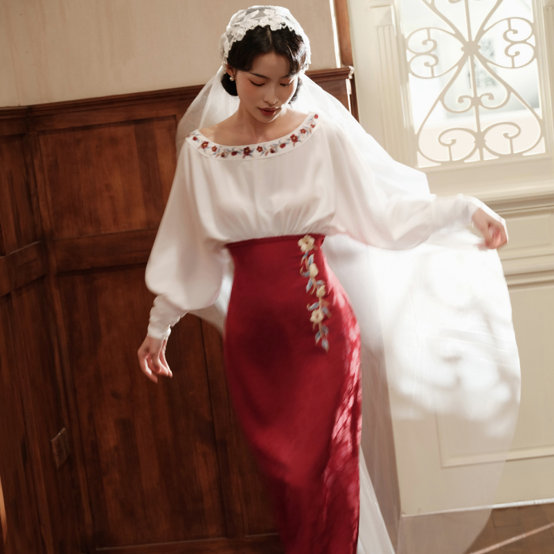 【现货】舍鱼旗袍新中式连衣裙订婚服敬酒服轻婚纱——山茶旧事