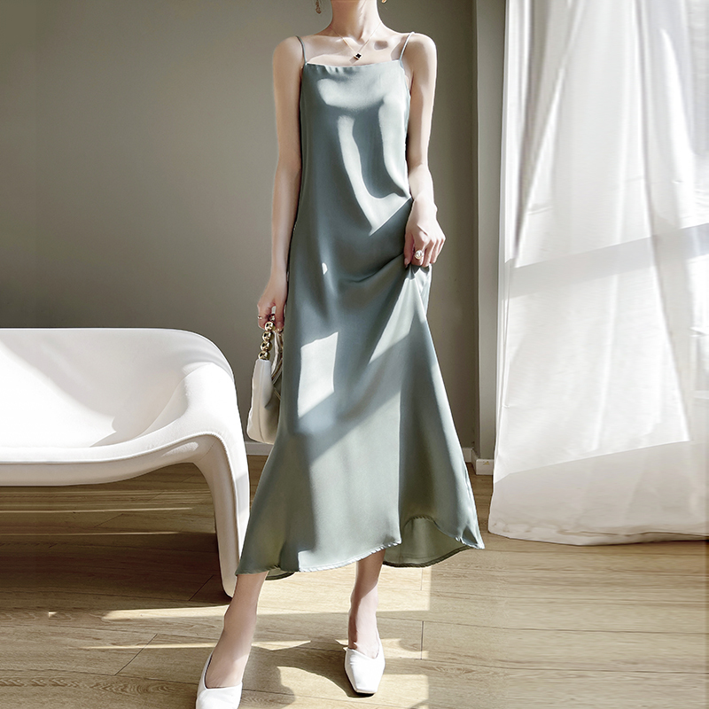2025 New Style French Elegant One-Shoulder Satin High-End Acetate Slip Dress Tank Dress 2025 New Style French Elegant One-Shoulder Satin High-End Acetate Slip Dress Tank Dress