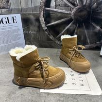 Matte cowhide plus velvet warm and elevated thick-soled snow boots for women 2023 winter new casual high-top short cotton boots