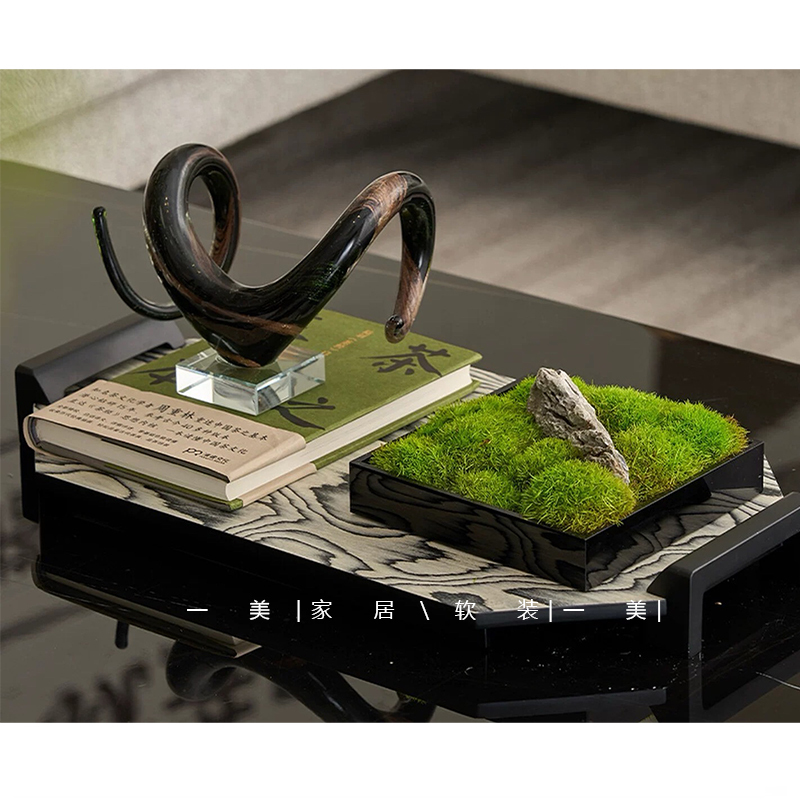 New Chinese-Style Wabi-Sabi Style Model House Living Room Coffee Table Tray with Glass Eternal Moss Combination Decorative Ornaments
