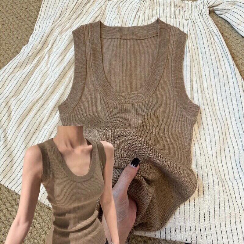 The Coffee Color Is Really High-End! Sweet and Spicy Korean Style, Lazy and Slim-Fitting Knit U-Neck Camisole That Covers Side Breasts