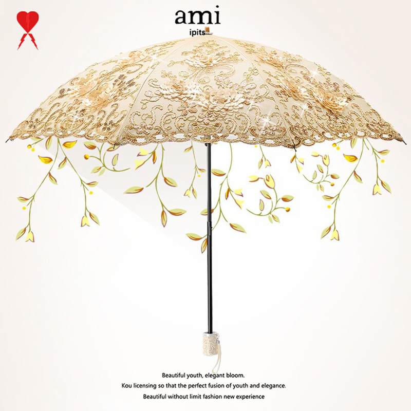 Ami Ipits Sun Umbrella for Women, Sunshade, Uv Protection, Lace Embroidery, Small Umbrella, Dual-Use for Sun and Rain