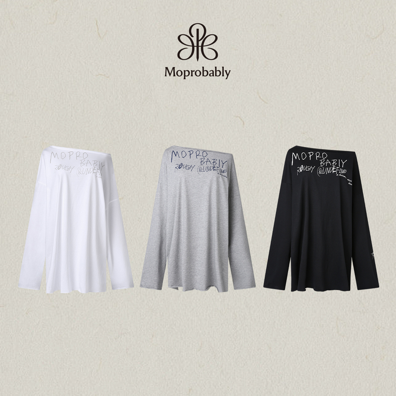 Moprobably Li Ynuo's "Statement Shirt" Hot Girl Style Letter Print Knitted T-Shirt Off-Shoulder Long-Sleeve Top