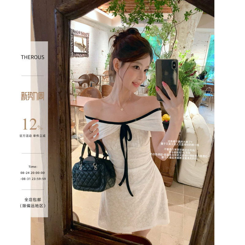 Xie Bu Rou One-Shoulder White Waist-Cinching Dress for Women, Summer French-Style Elegant Design, Off-Shoulder A-Line Short Dress Xie Bu Rou One-Shoulder White Waist-Cinching Dress for Women, Summer French-Style Elegant Design, Off-Shoulder A-Line Short Dress