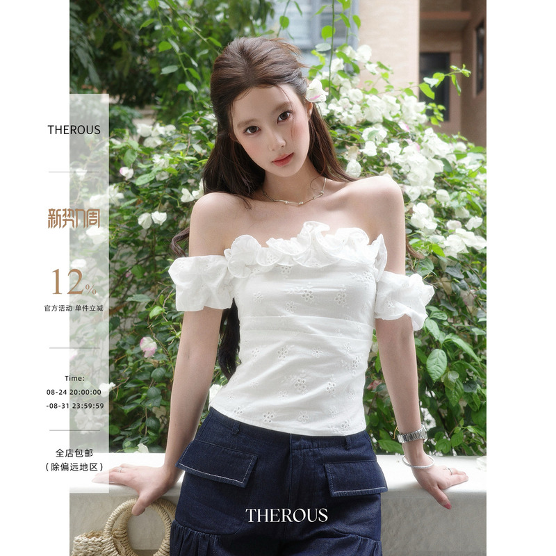 Xie Bu Rou Cotton Three-Dimensional Lace Hollow Embroidery Off-Shoulder T-Shirt for Women, Summer High-End Slim-Fit Exquisite Top Xie Bu Rou Cotton Three-Dimensional Lace Hollow Embroidery Off-Shoulder T-Shirt for Women, Summer High-End Slim-Fit Exquisite Top
