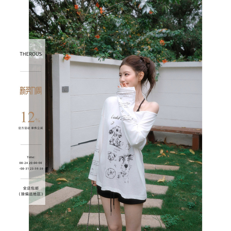 Xie Bu Rou White Printed Off-Shoulder Thin Sun-Protective Long-Sleeve T-Shirt for Women, Autumn Loose Casual Off-Shoulder Blouse Top