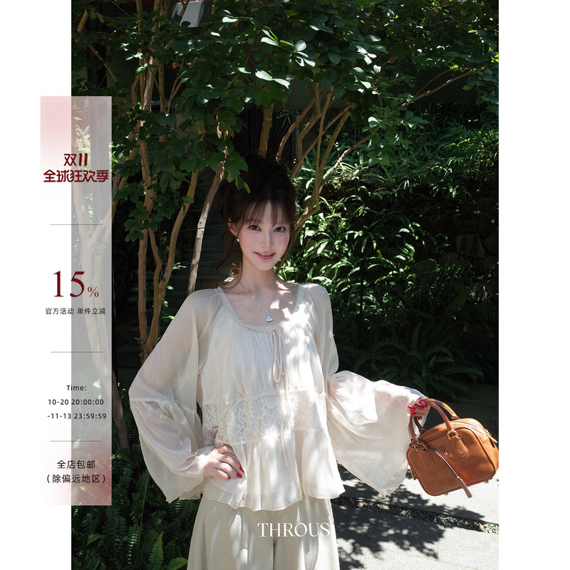 Xie Bu Rou Lace Patchwork Chiffon Blouse for Women, Autumn Gentle Style, Vintage Loose Fit, Slimming Design Top
