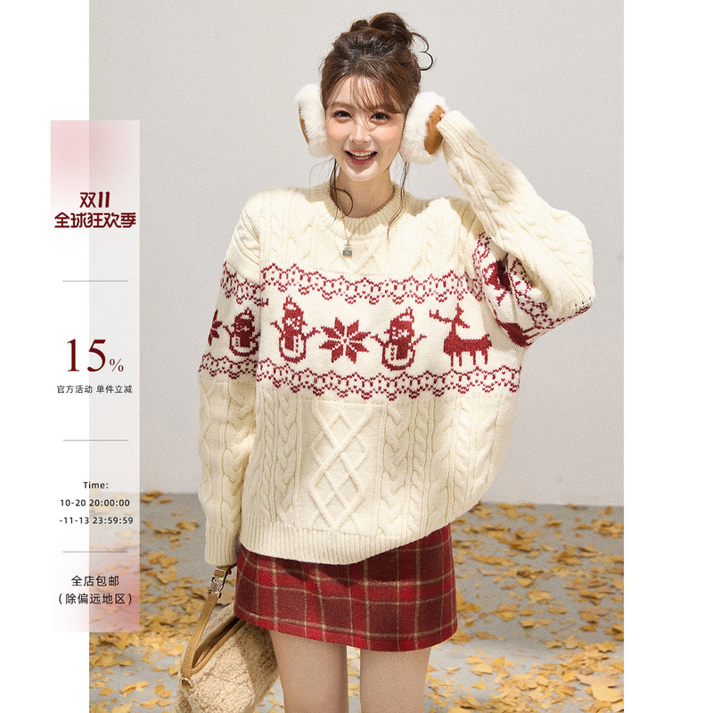 Xie Bu Rou Fair Isle Christmas Jacquard Crew Neck Pullover Sweater for Women, Autumn and Winter, Lazy Loose Design Top