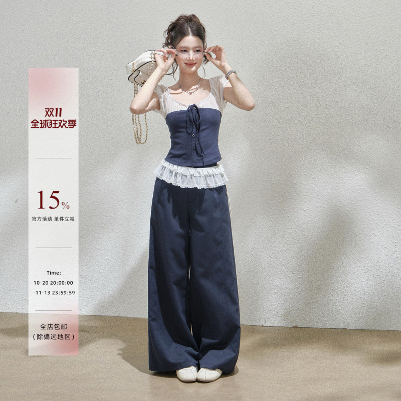 Xie Bu Rou Color-Blocked Tie-Up Short-Sleeve Top for Women, Summer Lace-Trimmed High-Waisted Wide-Leg Drapey Pants Set Xie Bu Rou Color-Blocked Tie-Up Short-Sleeve Top for Women, Summer Lace-Trimmed High-Waisted Wide-Leg Drapey Pants Set
