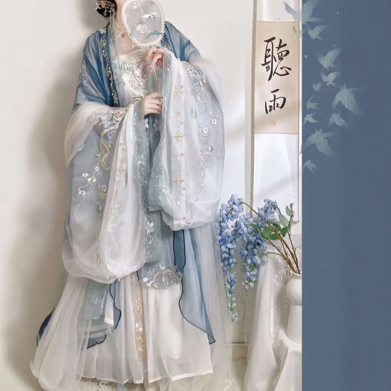 Original Han Dynasty Women [Die Lianhua] Tang-Made Heavy Industry Embroider One-Piece Myrobalan Skirt Double-Layer Large-Sleeved Shirt Complete Set