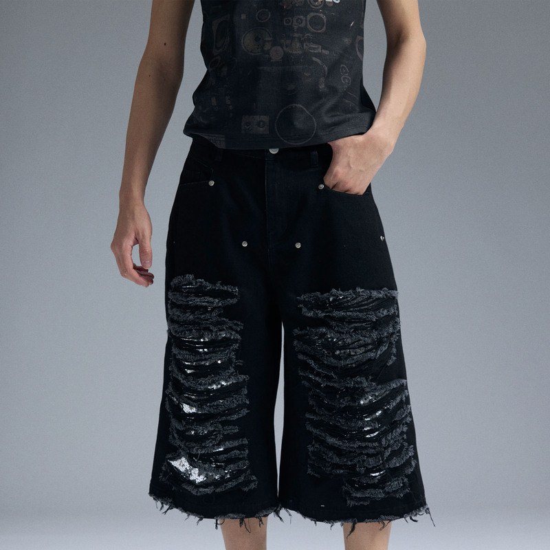 Paiki Virgin Sequin Ripped Mid-Length Shorts Subculture Summer Versatile Casual Loose Jeans Unisex Pants