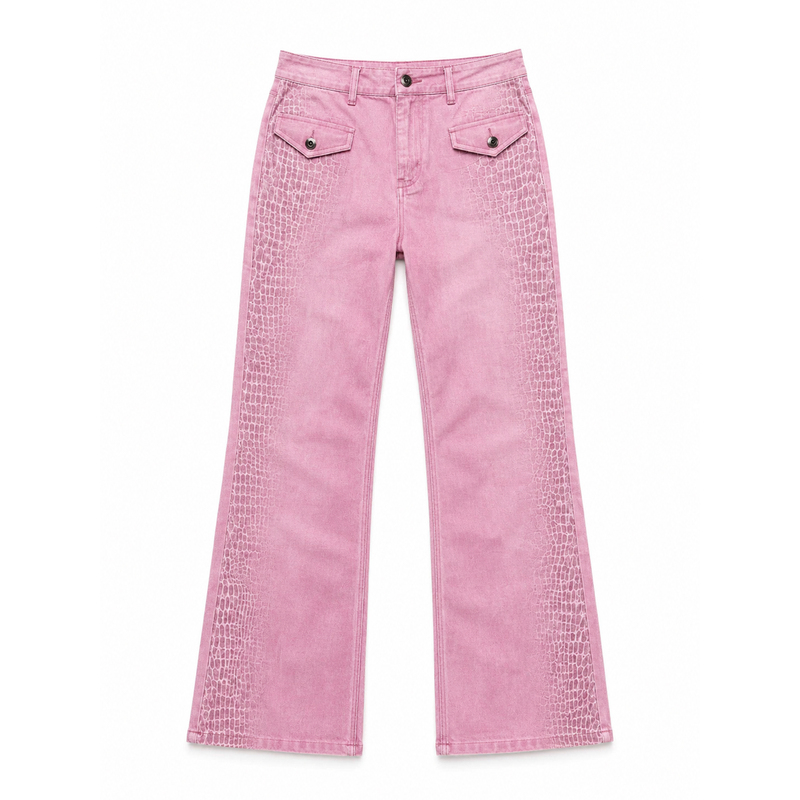 Paiki Pink Python Print Jeans Straight-Leg Stacked Pants Subculture Pants Street Pants Unisex Slim Fit