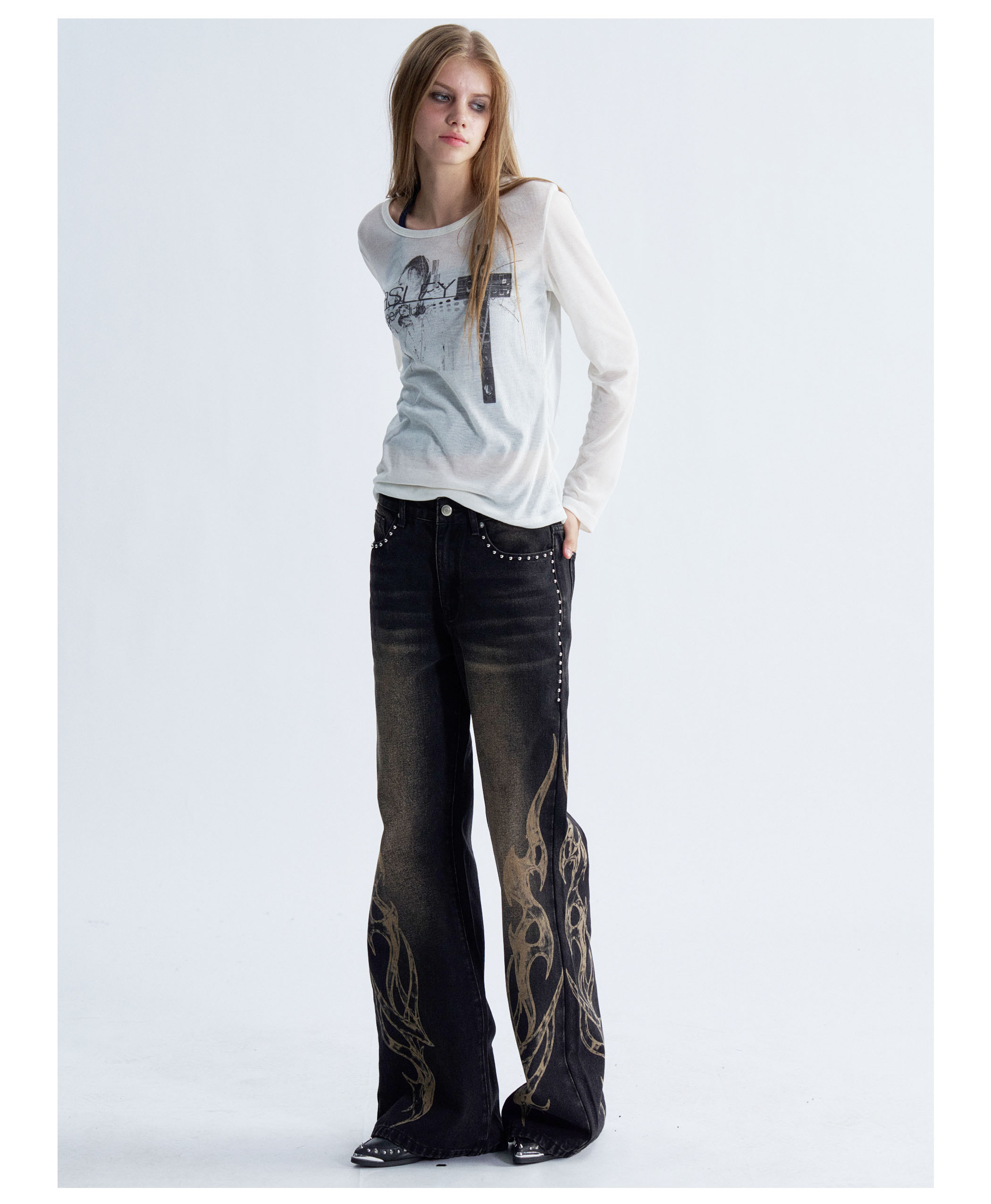 PAIKI Flame Print Straight-Leg Jeans