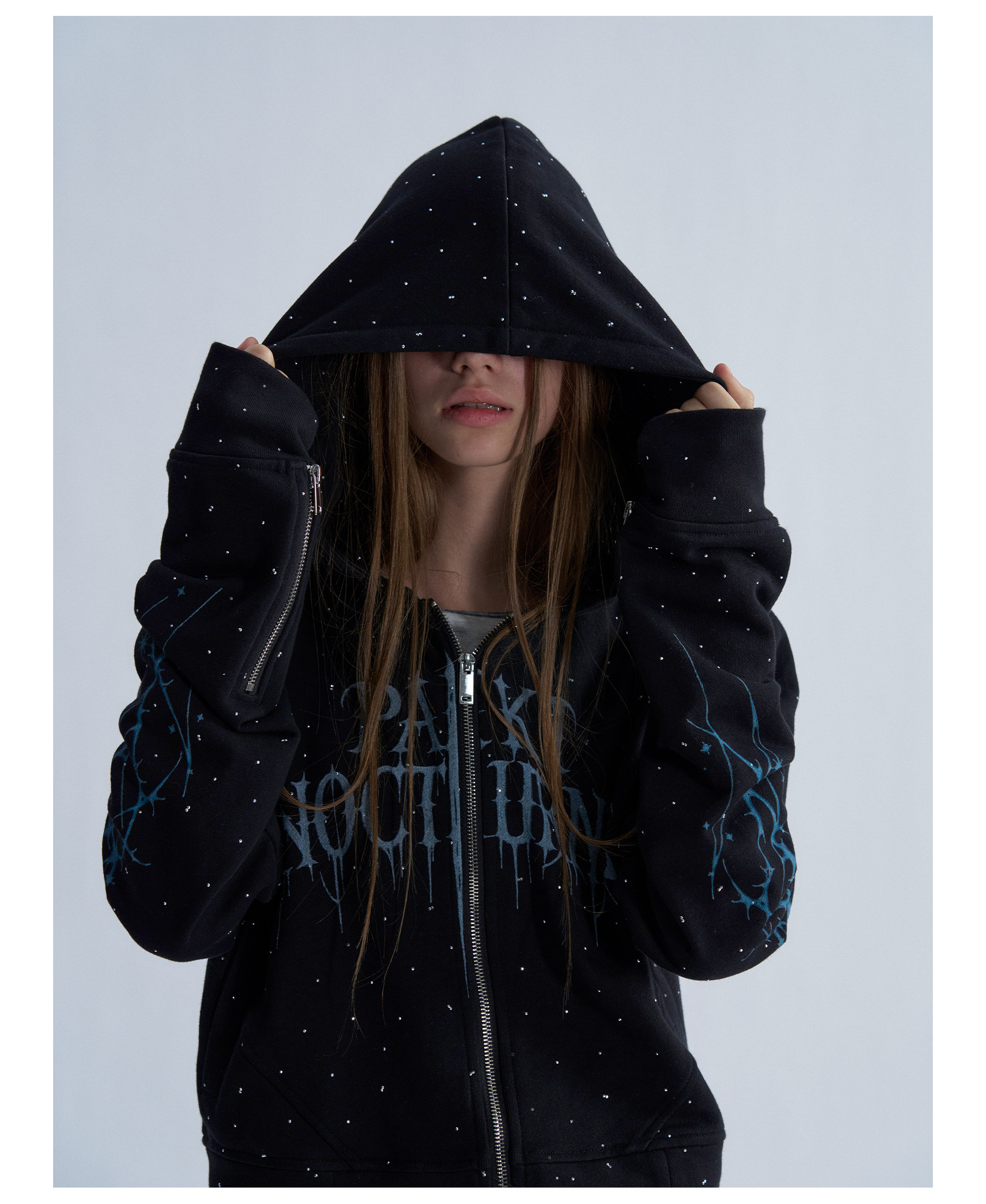 PAIKI Starry Sky Thorn Rhinestone Zip-Up Sweatshirt