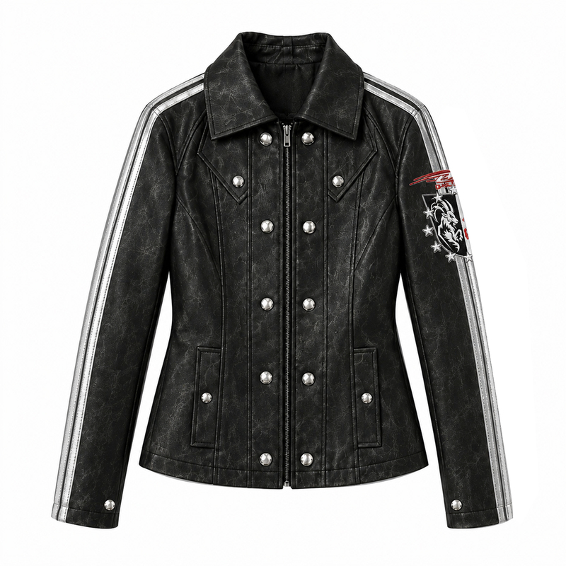 Paiki Napoleon Leather Jacket with Court-Style Patchwork, Sporty Striped Coat, Light Subculture, Slim Fit Paiki Napoleon Leather Jacket with Court-Style Patchwork, Sporty Striped Coat, Light Subculture, Slim Fit