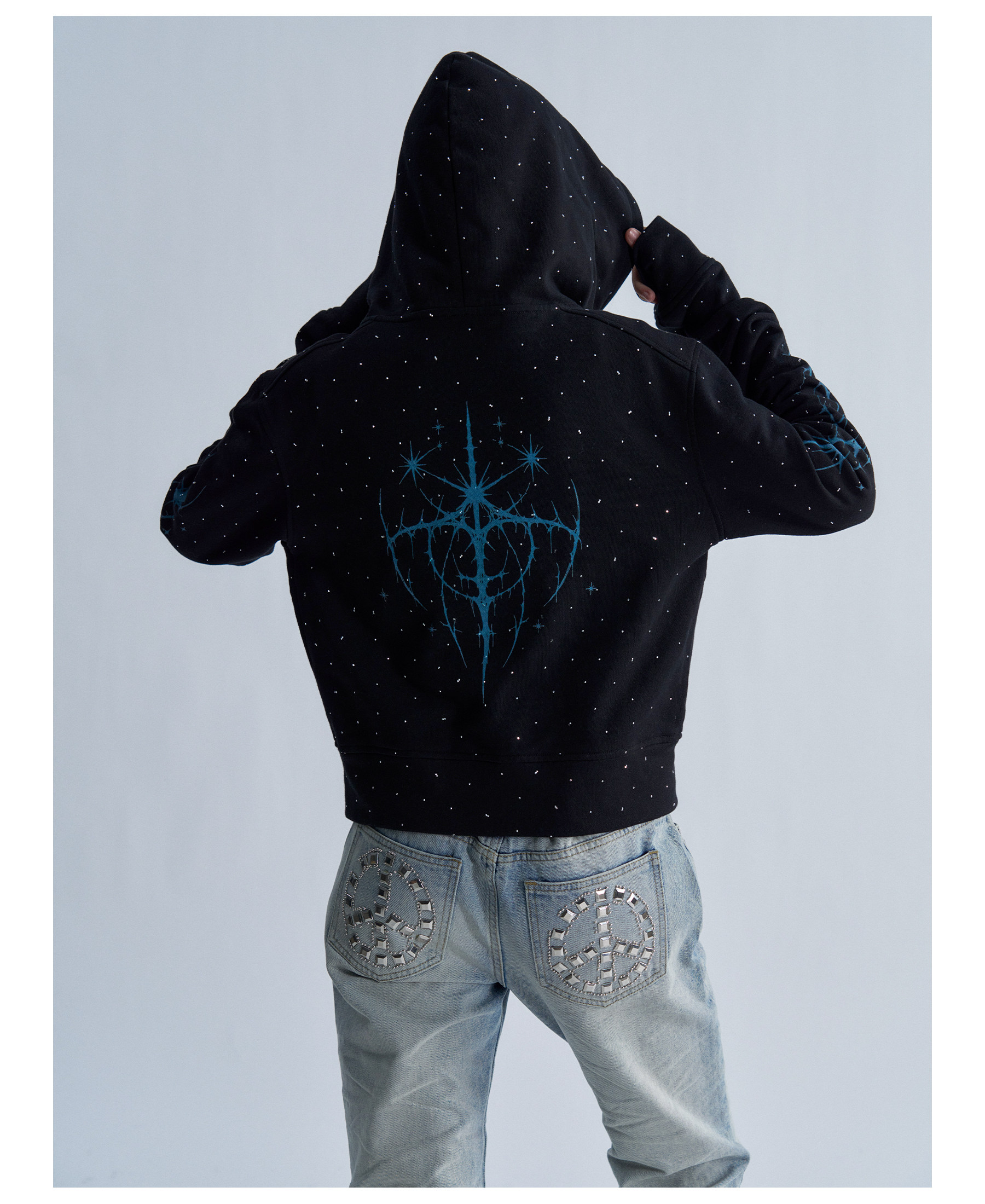 PAIKI Starry Sky Thorn Rhinestone Zip-Up Sweatshirt