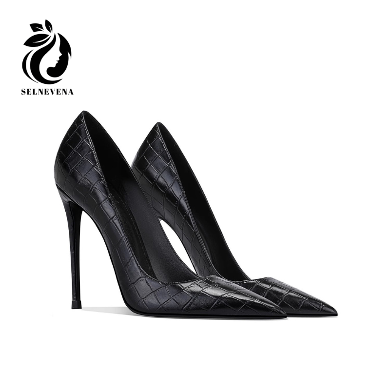 SELNEVENA Genuine Leather Crocodile Pattern Black High Heels for Women: Elegant Pointed Toe Stiletto Heels, Sexy and Stylish Single Shoes