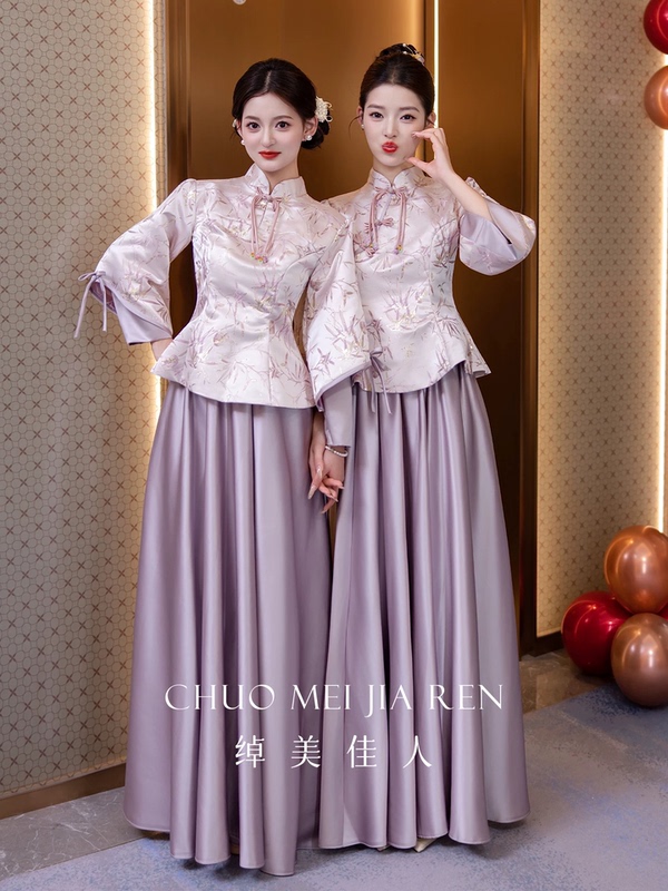 Satin Chinese-Style Bridesmaid Dresses 2026 New Spring and Summer High-End Niche National Style Long-Sleeve Sister Group Gowns Are Stunning