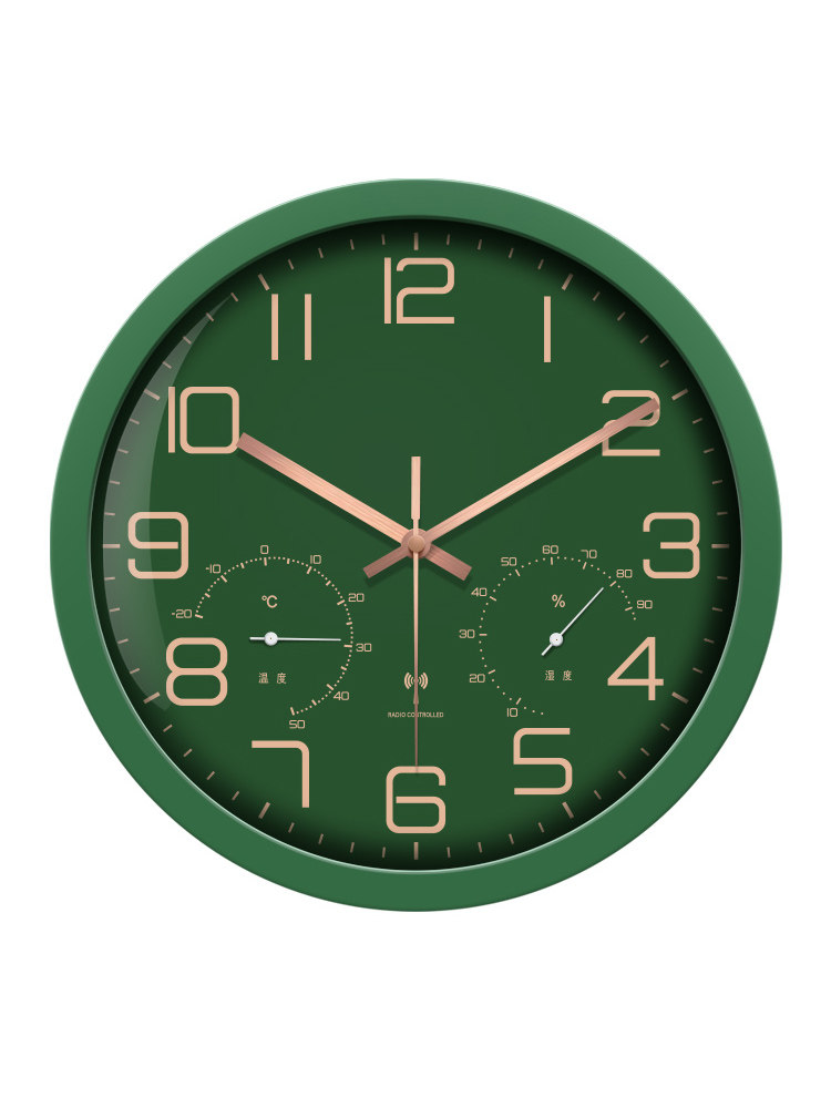 No-Drill Clock Wall Clock for Living Room, Round Temperature and Humidity Automatic Time Adjustment Electronic Clock, Wall-Mounted Quartz Clock