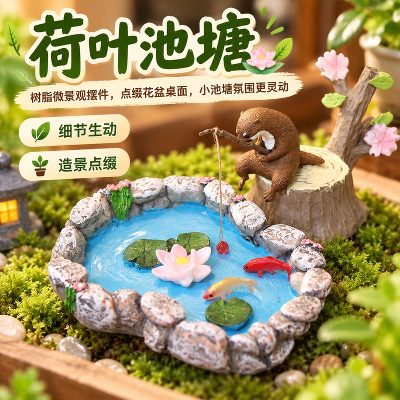 Micro-Landscape Lotus Leaf Pond Model Resin Ornaments for Landscaping Decoration, Frogs, Tadpoles, Small Fish, Gardening Flower Pot Decoration