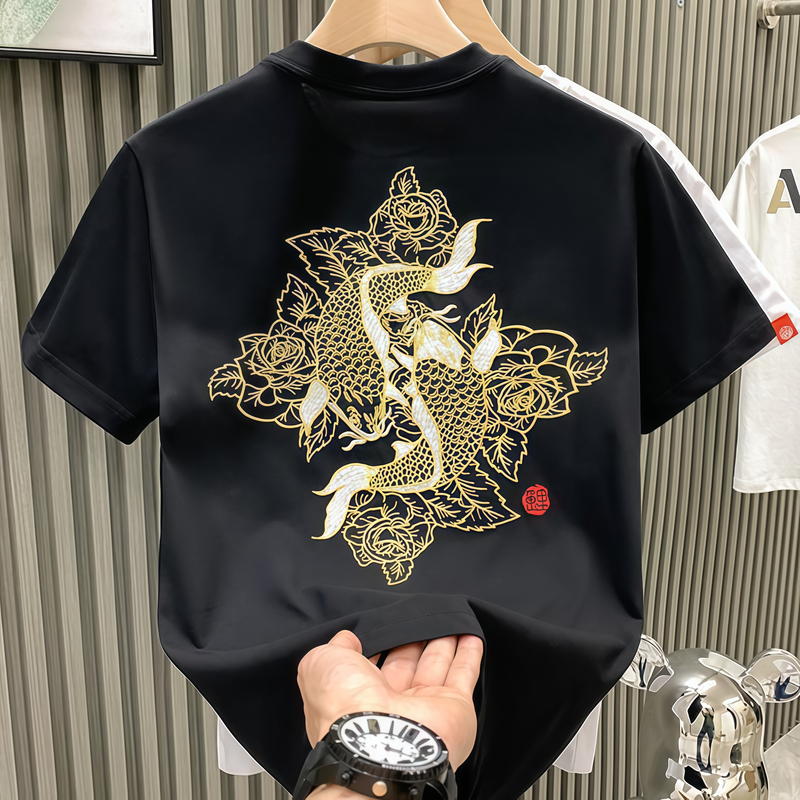 High-End Niche Design Carp Leaping over the Dragon Embroidered Short-Sleeve T-Shirt, Plus Size Men's Black Chinese Style Trendy Top for Summer