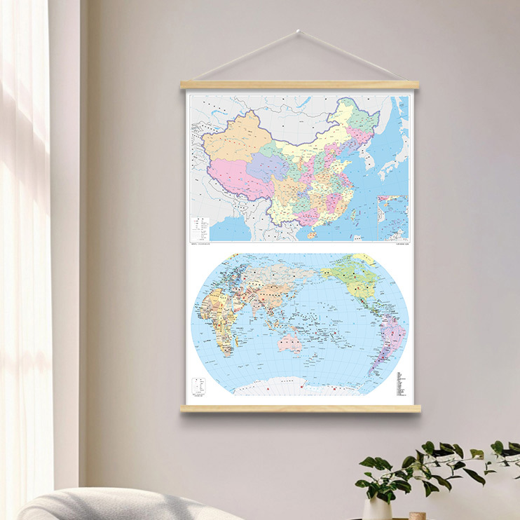 China World Map Wall Hanging Office Study Children's Room Living Room Decorative Painting Entrance Solid Wood Hanging Scroll No Drilling Required
