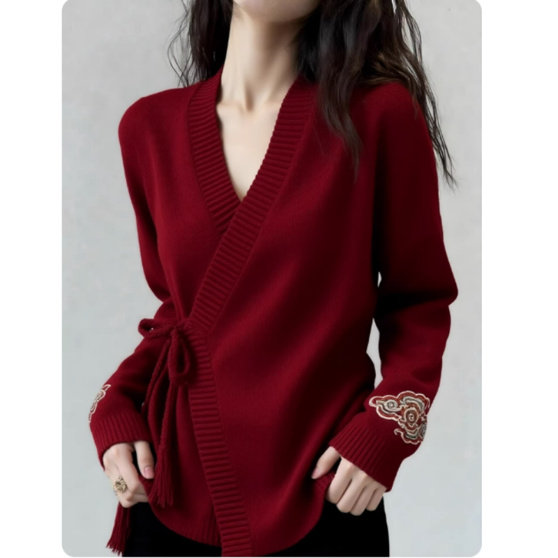 New Chinese-Style Red Cardigan Sweater for Women, 2026 Spring New Model, Can Be Worn as an Inner Layer or Outerwear, Wrap-Around Waist-Cinching Knitwear