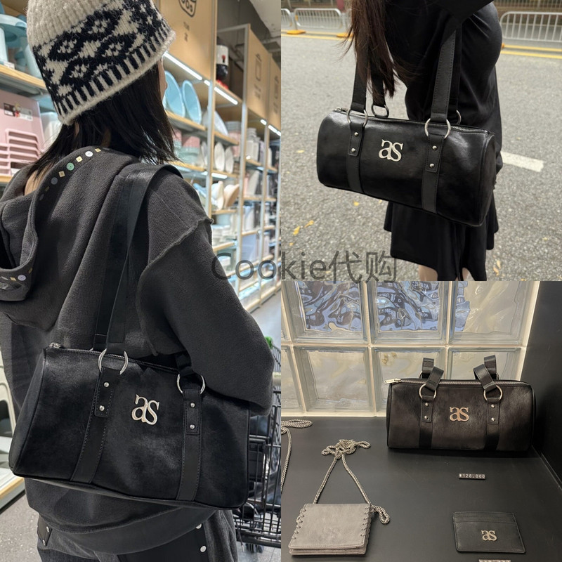 Small Quantity in Stock Korean Ason New Vintage Studded Suede Metal Logo Handbag Shoulder Bag Pillow Bag for Women